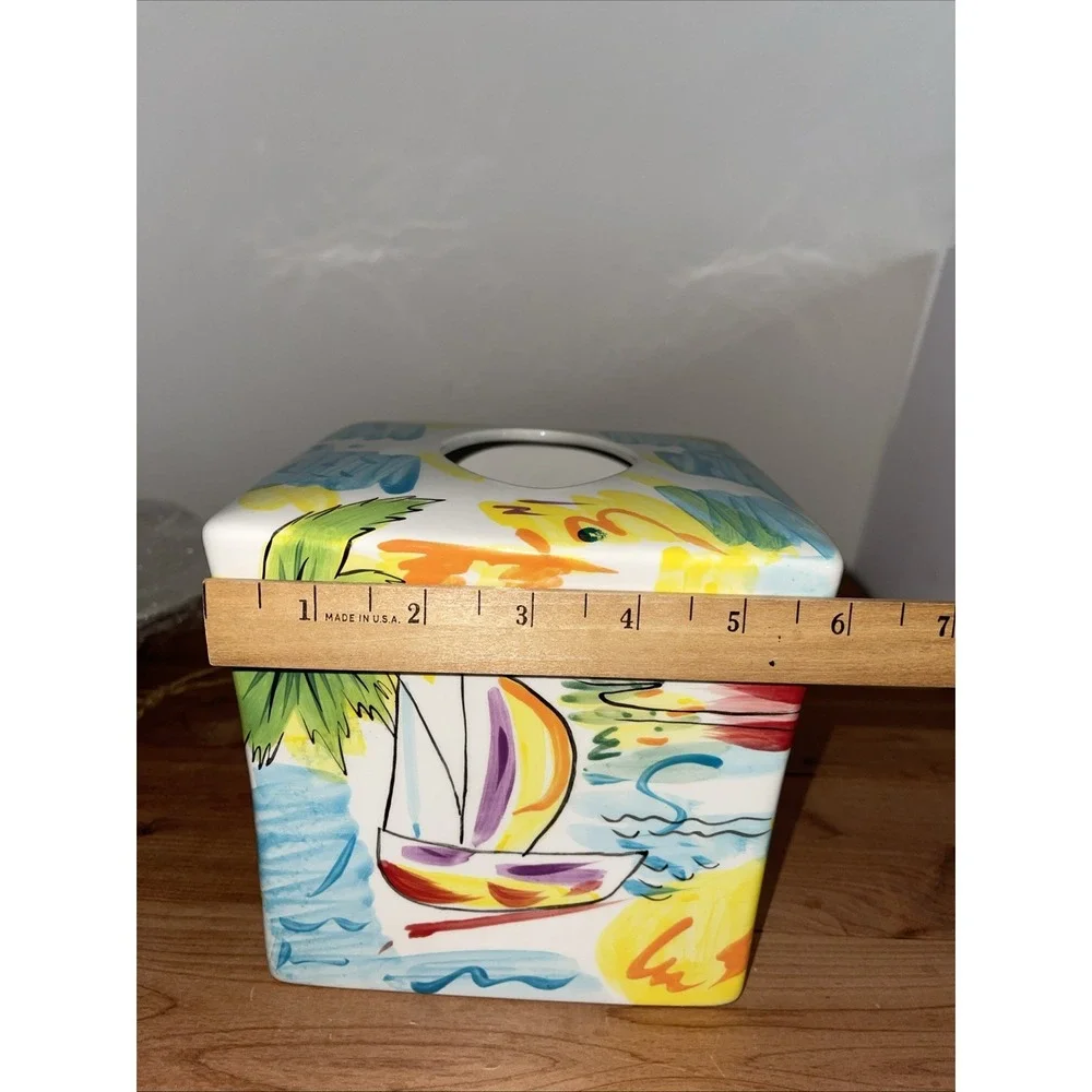 VTG Italian Riviera Ocean Sailing Palm Trees Colorful Ceramic Tissue Holder